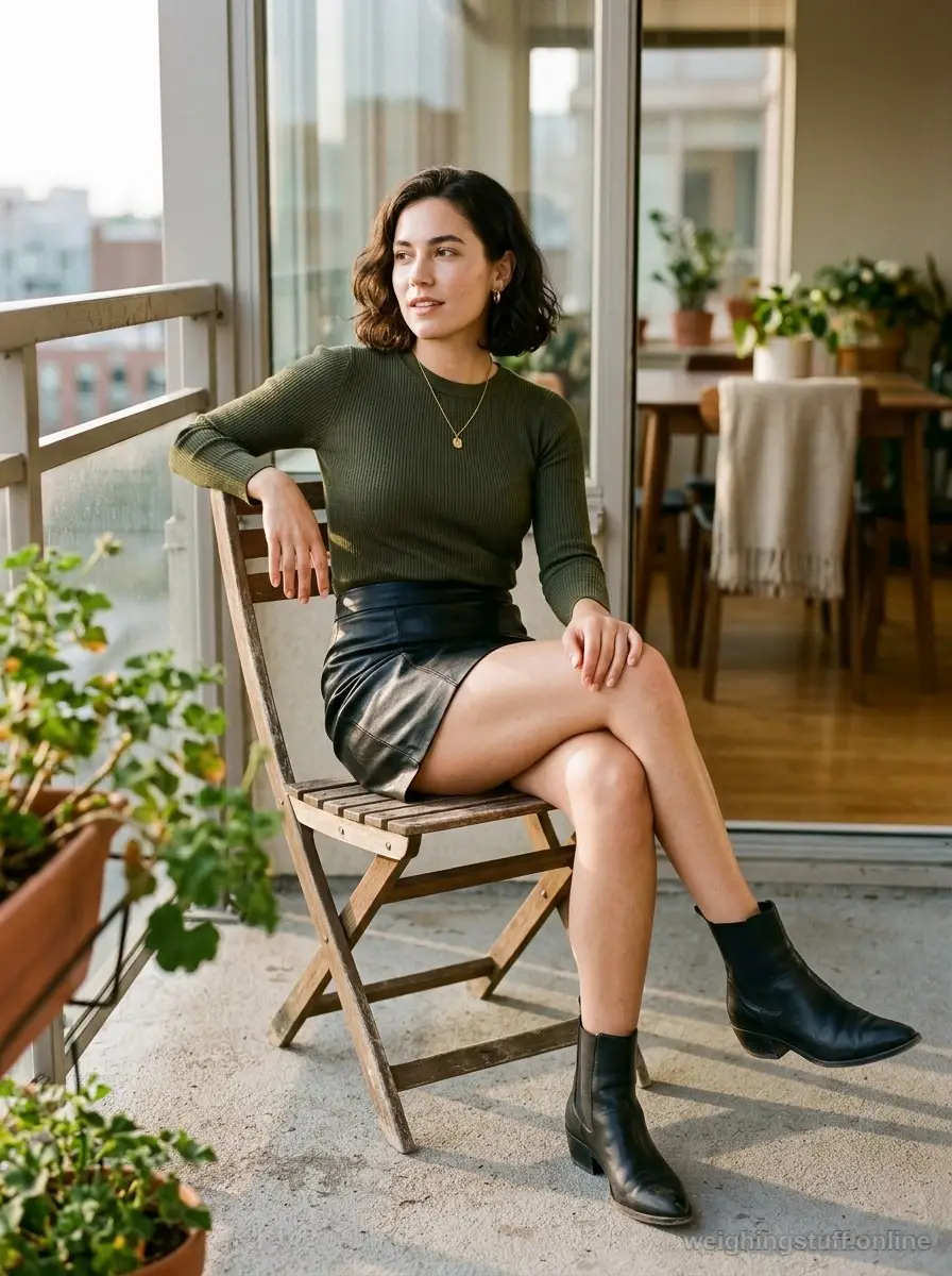Model in a black faux-leather mini skirt with a deep olive fitted top and pointed ankle boots on a sunlit balcony, editorial street style.