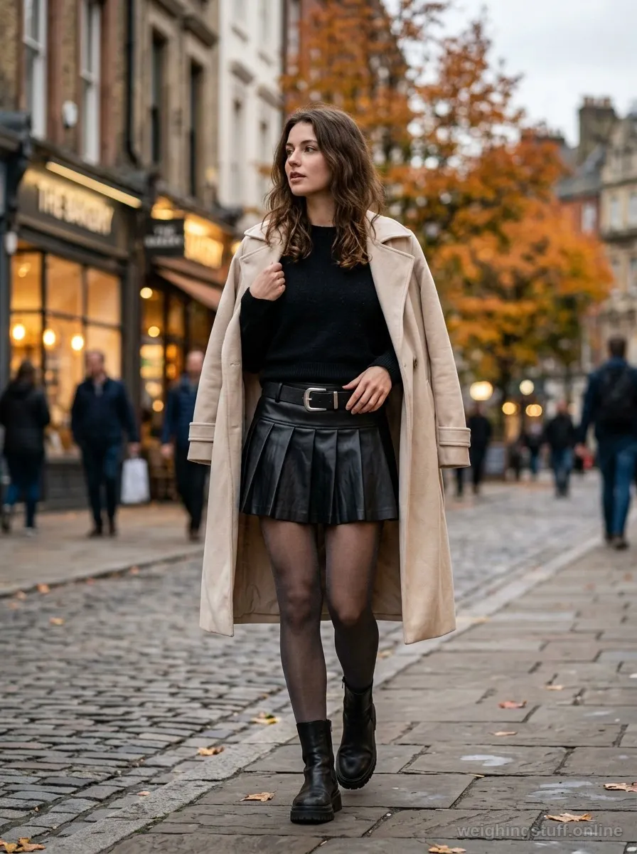 A woman in a black PU leather pleated mini skirt with buckle belt, black fitted knit, tights, combat boots, and a buttery trench coat on a fall sidewalk.